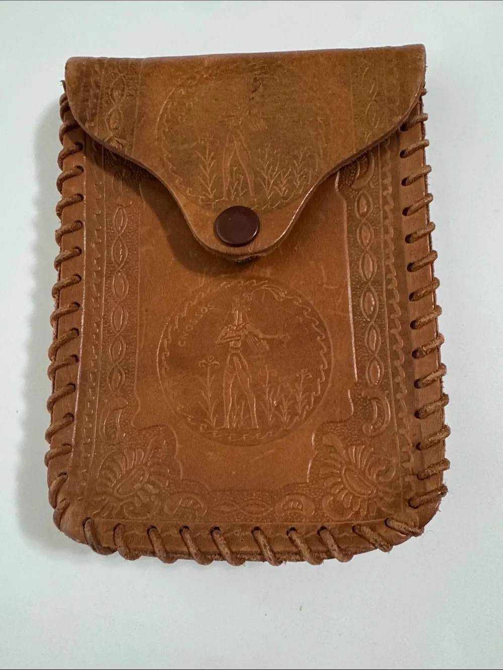 Tooled Brown Leather Pouch with Button Closure